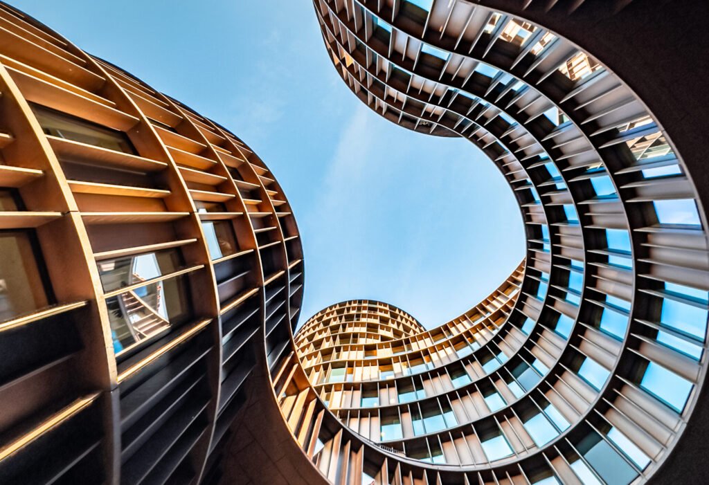 A low angle of Axel Towers, an iconic mixed-use office building in Copenhagen, Denmark